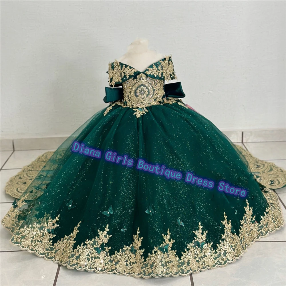 Gorgeous Quality Green Flower Girl Dress Tulle Fluffy Gold Appliques Little Girls Birthday Party Evening Gowns Customized Gown