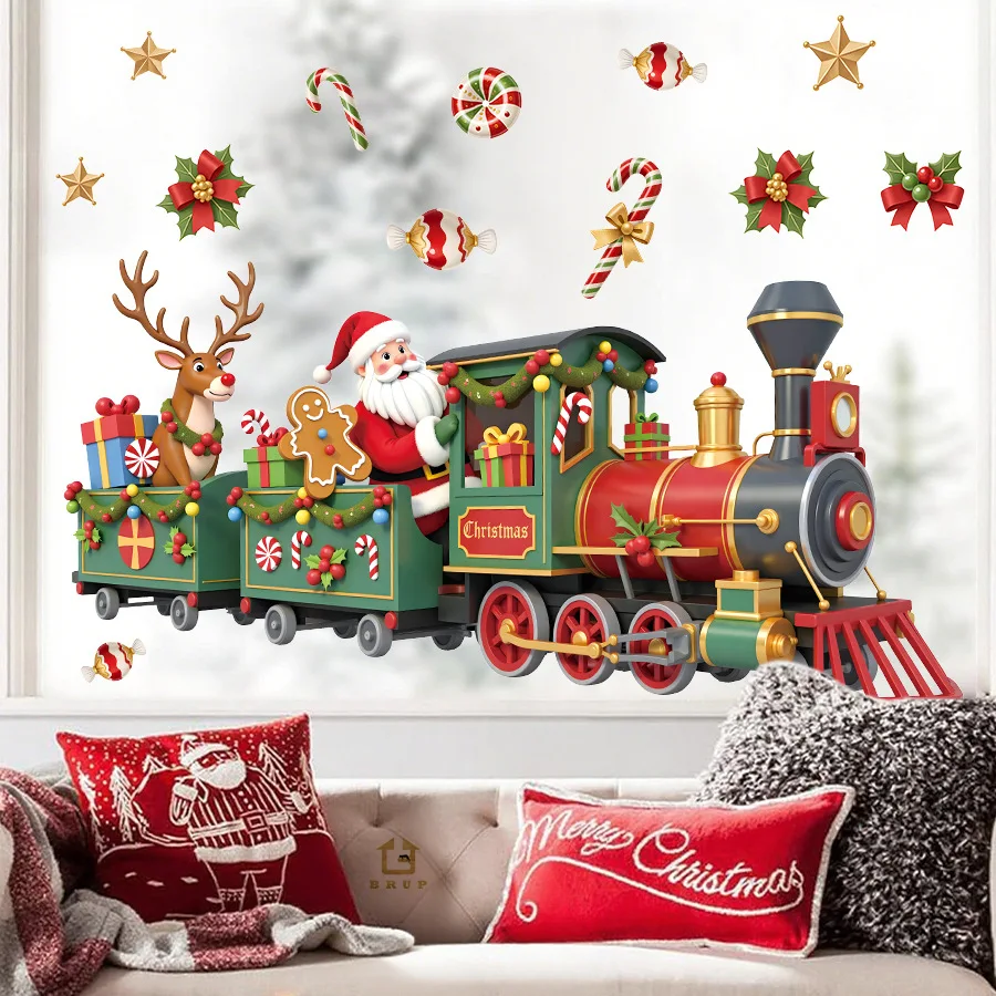 Pegatinas de pared navideñas de tren de Papá Noel con acebo de caramelo, autoadhesivas extraíbles para habitación de niños, restaurante, tienda, decoración, fiesta festiva