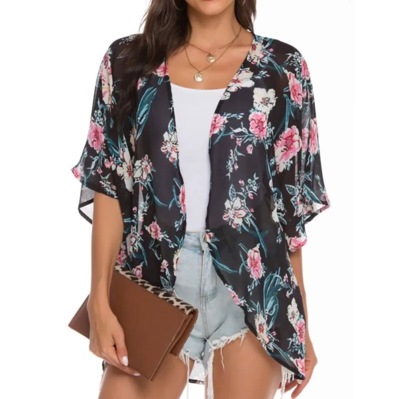 Women's Floral Printed Chiffon Cardigan Tops Short Sleeve Loose Beach Wear Cover Up Blouse Top Female Summer Sunscreen Clothing