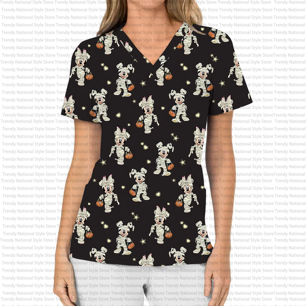 صيف جديد المرأة العمل موحدة هالوين مضحك ميكي ماوس طباعة موحدة الخامس الرقبة جيب فرك الأعلى مختبر المستشفى تي شيرت