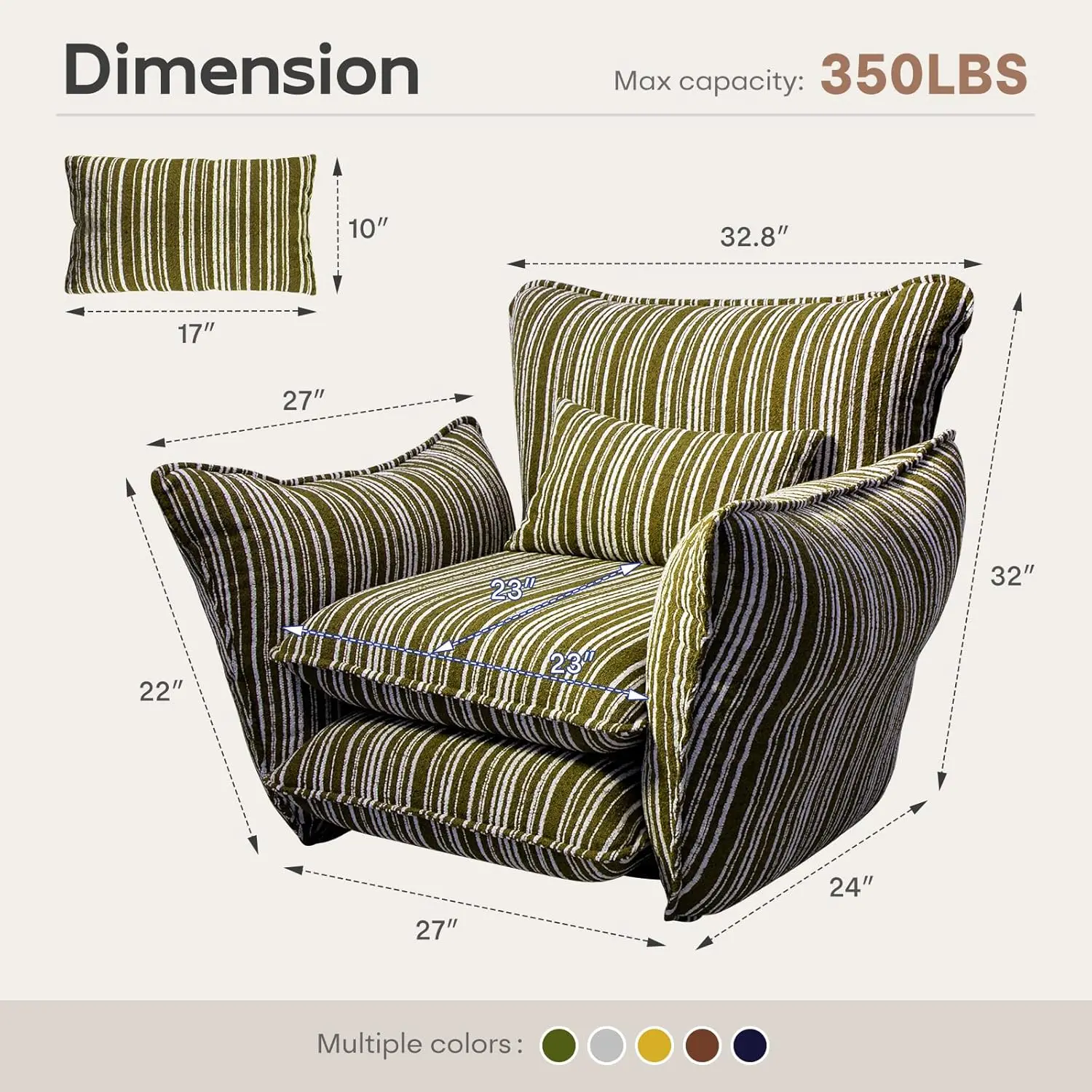 Oversized Chenille Accent Chair Lumbar Pillow Wide Armrest Deep Seat 7in High-Density Foam 350lb, Customized