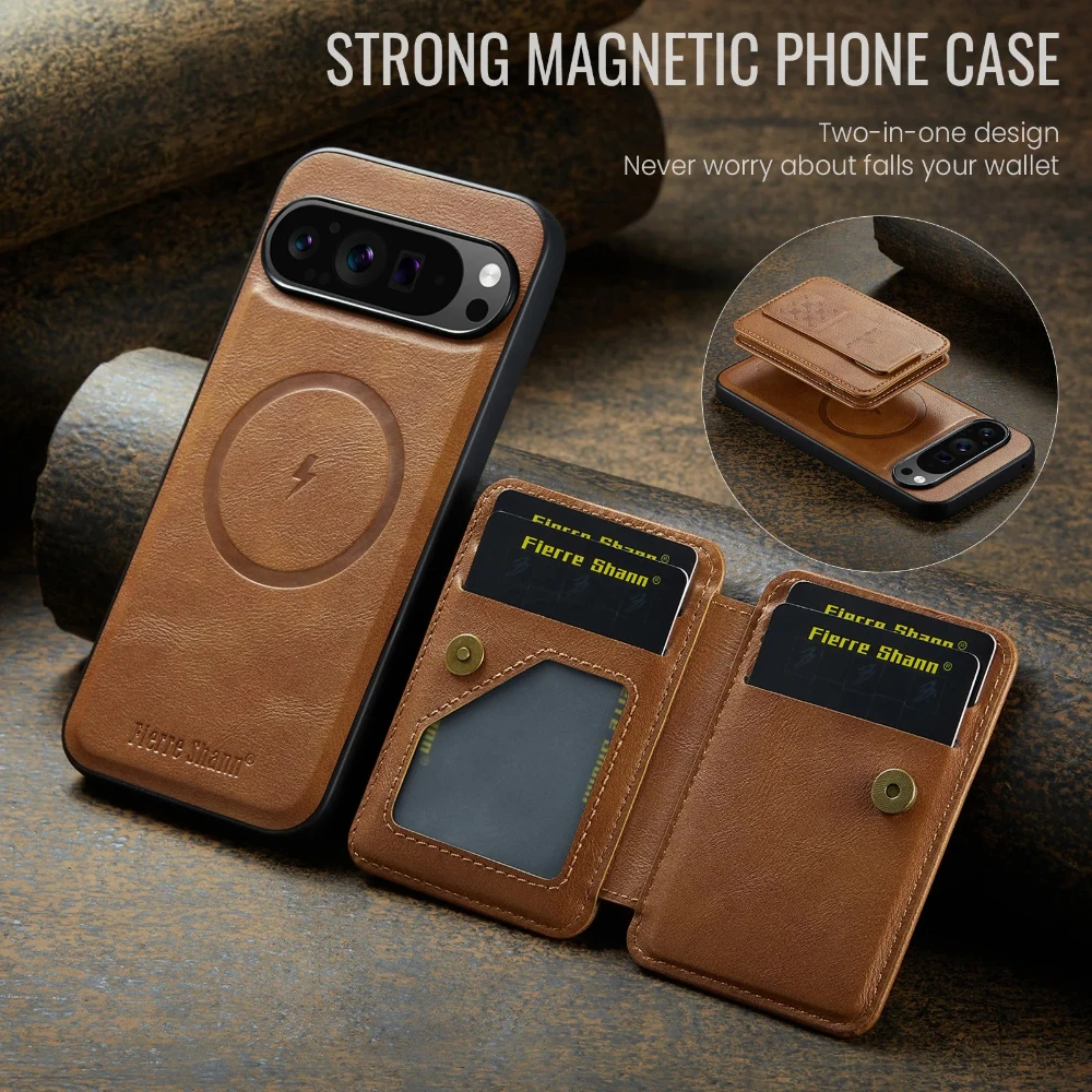 

Plain Leather Phone Case for iPhone Google Pixel 10 Pro XL Pixel9 9a 8 8a 7 7a Detachable Magnetic Wristband Card Holder Wallet