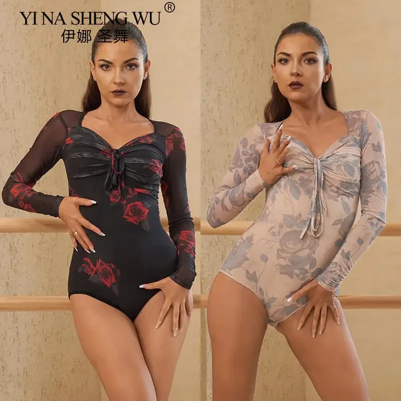 Adult Latin Dance Top Women Mesh Flower Print Long-sleeved Jumpsuit Women Ballet Latin Cha-cha Practice Bodysuit with Chest Pads