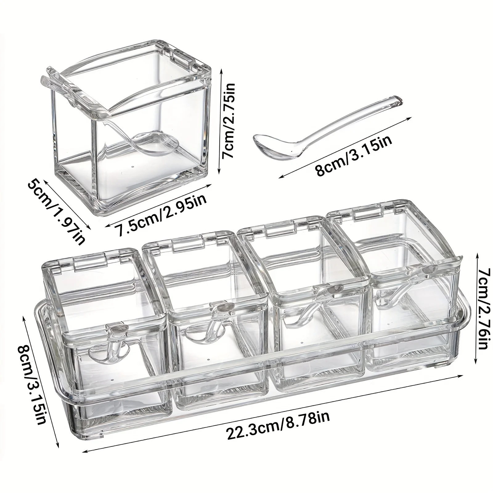 Clear Seasoning Box, Set of 4 Crystal Seasoning Storage Container with Spoon Clear Seasoning Rack Spice Pots for Pepper Spice