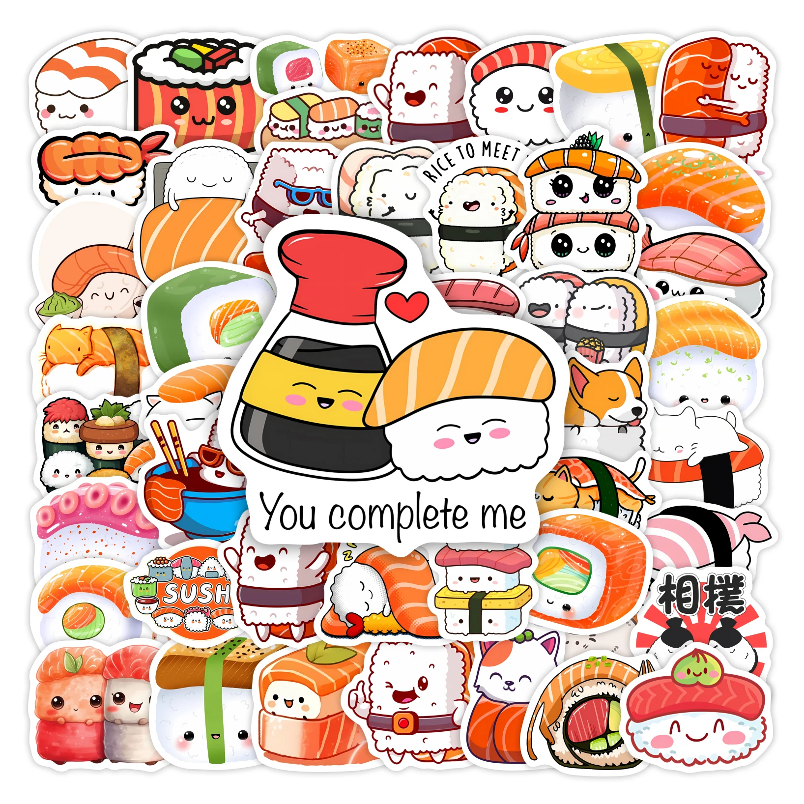 Cute Cartoon Japanese Sushi Stickers Anime Seafood Onigiri DIY Toy Gift Waterproof Decal for Laptops Phones Bottles Decorative