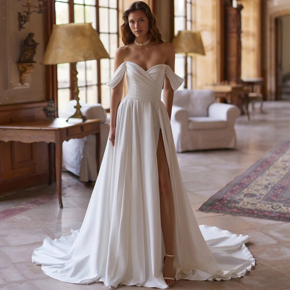 Customized Simple Bridal Dresses New Arrival Off The Shoulder Sweetheart Pleated High Split Sweep Train Satin Wedding Gown