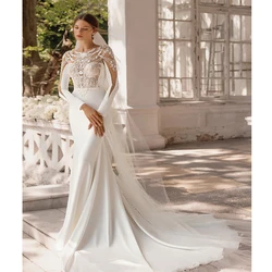 Vestidos de novia de manga larga de encaje para mujer, vestidos de sirena de superficie de satén, cuello redondo, longitud de fregado de princesa, batas de tenedor alto, 2024