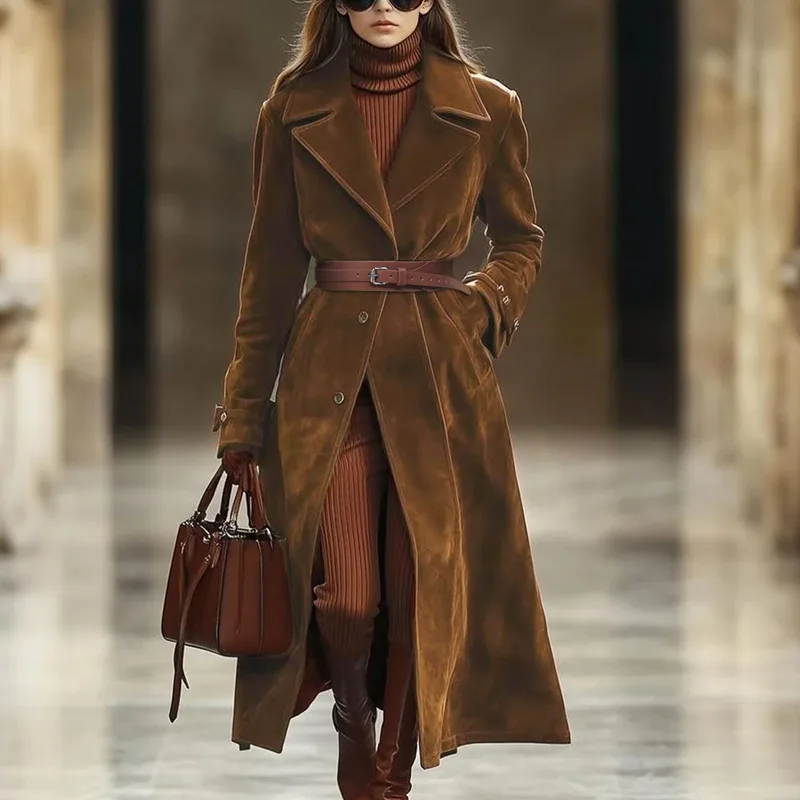 

KIDCRKJ Temperament Women Spring Coat Lace Up Turn Down Collar Long Female Suede Outwear Instagram-Style Chic Lady Jacket Coat