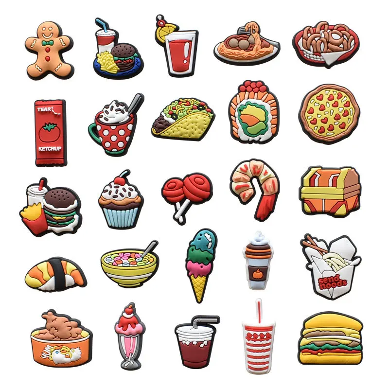 25 Pcs Cartoon Foods Theme Shoes Charms Cute Ice Cream DIY Decoration Sets for Kids Adult Hole Shoes Sandals Slipper Accessories