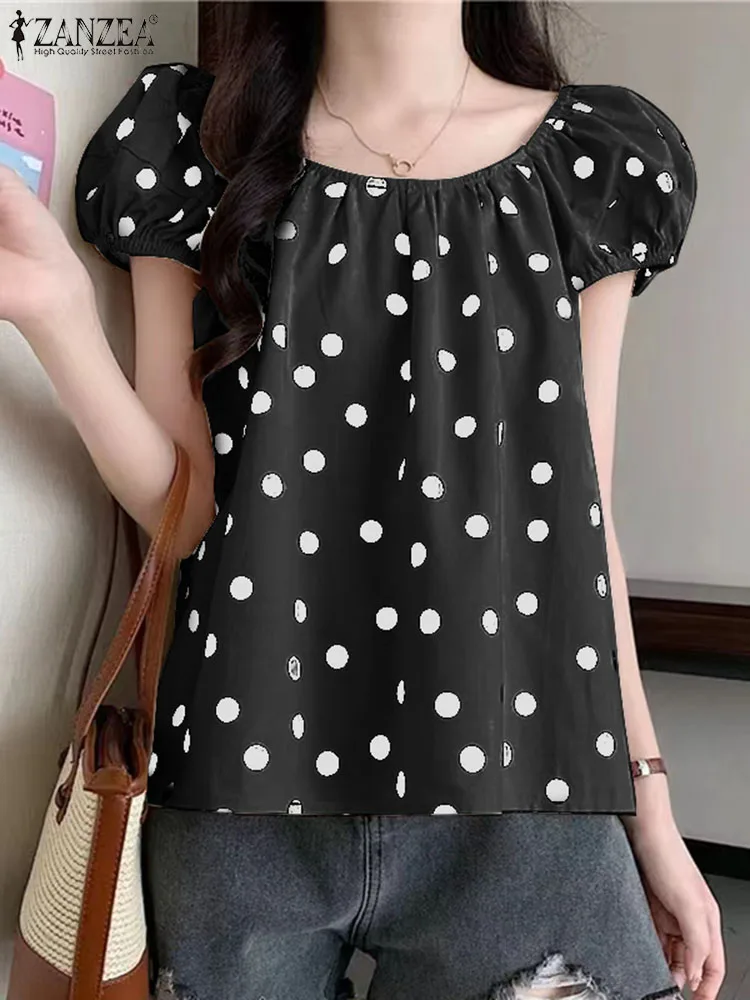 ZANZEA Women Polka Dot Blouse Elegant Puff Short Sleeve Tops Korean Fashion Round Neck Blusas Casual 2024 Summer Pleated Tops