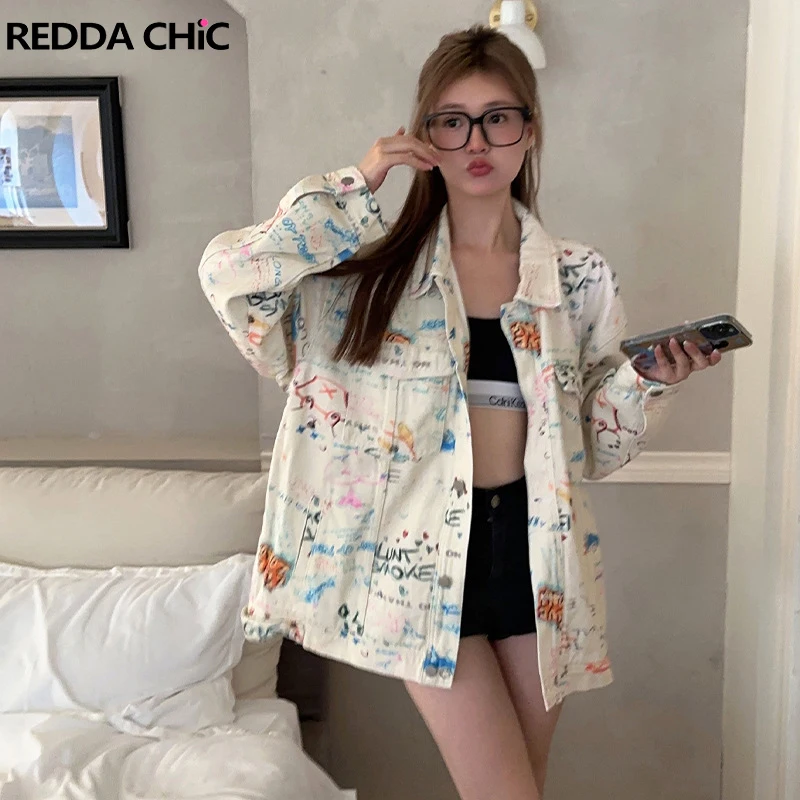 

ReddaChic 90s Retro Skater Oversize Bomber Coat Women Denim Jacket Autumn Long Sleeves Street Style Harajuku Outwear Y2k Clothes