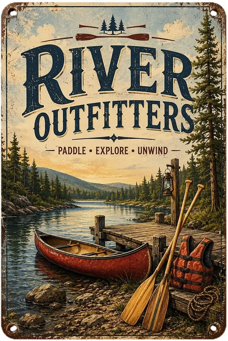 River Outfitters tin Sign Vintage Canoe Lake Adventure Metal Signs Aesthetic for Home Bedroom Kitchen Bar Garden & Outdoor W