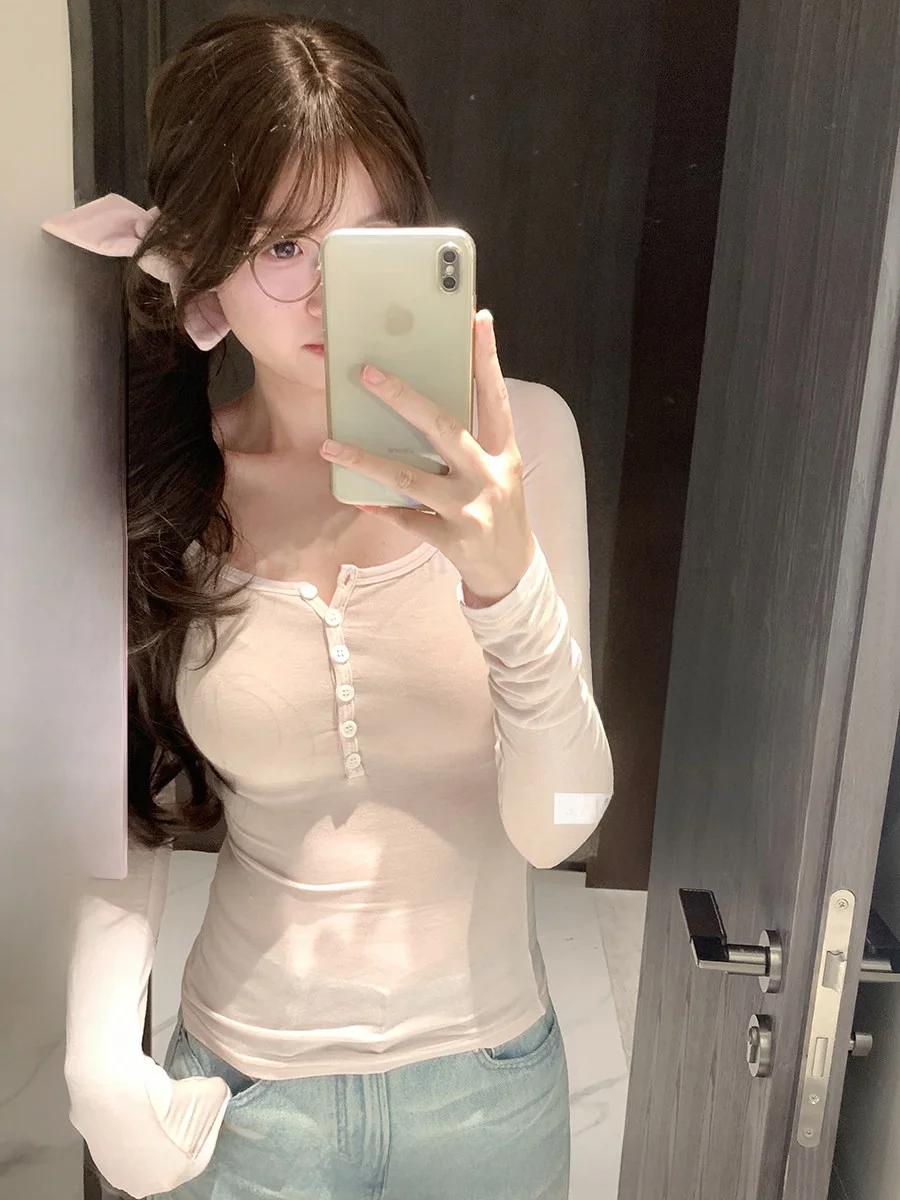 

Женская модная футболка CallmeEar Pure Camere Henry Collar Modal с длинным рукавом, базовая, простая, элегантная, весенняя коллекция