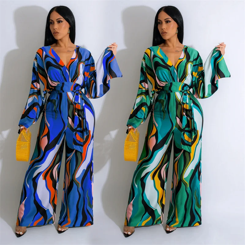 Elegant Print Loose Wide Leg Jumpsuit Women Long Flare Sleeve V-neck Backless High Waist Romper Club Party One Piece Outfits