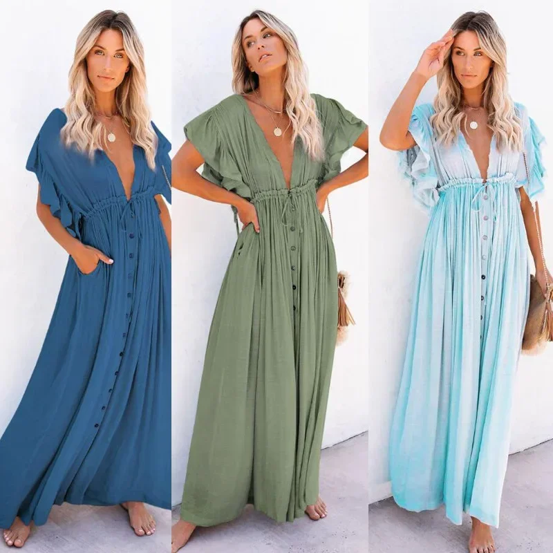 Bohemian Deep V Neck White Long Dress Backless Ruffles Button Up Pareos Beach Cover Up Holiday Sexy Slim Maxi Robe