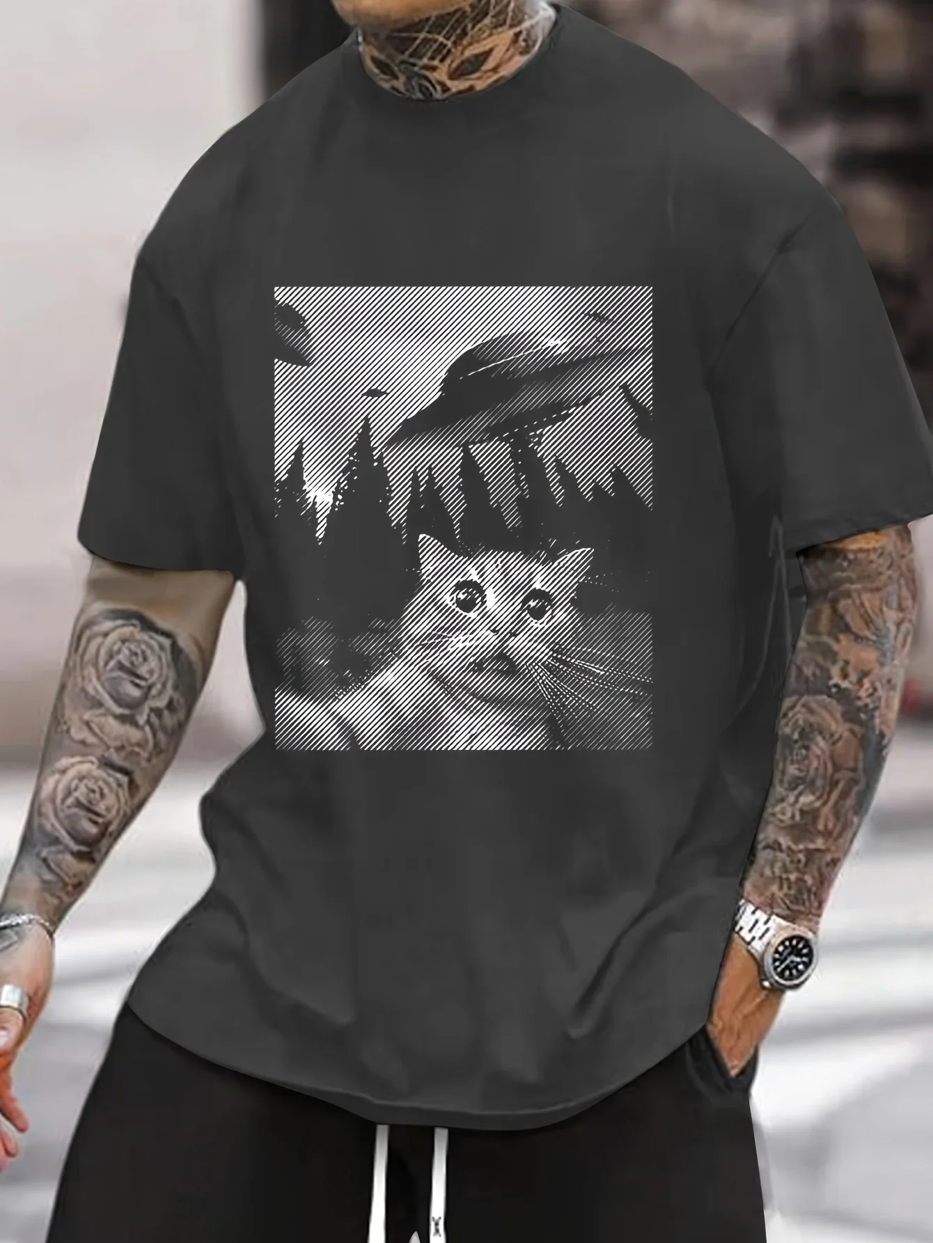 T-shirt à manches courtes et col rond pour hommes, 100% pur coton, à la mode, décontracté, ample, sport, coupe chat ovni, imprim