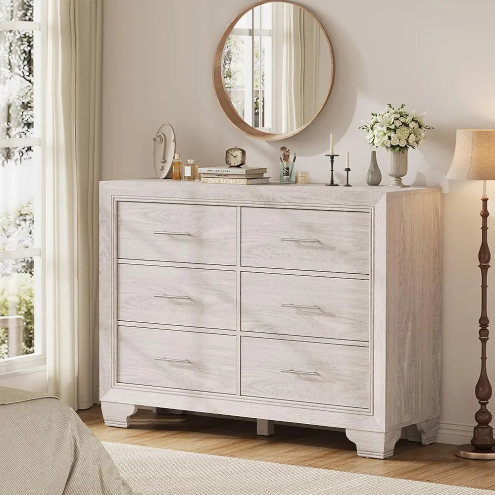 6 Drawer Dresser for Bedroom, Modern Chest of Drawer Storage Organizer, Tall Dresser TV Stand with Silver Handle