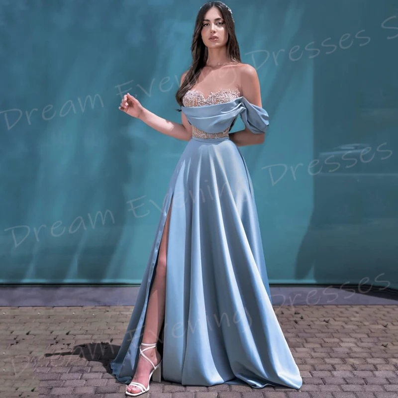 Fashionable Blue A Line Women's Evening Dresses Graceful Sweetheart Lace Prom Gowns Charming Side Split Formal Party فساتين سهرة