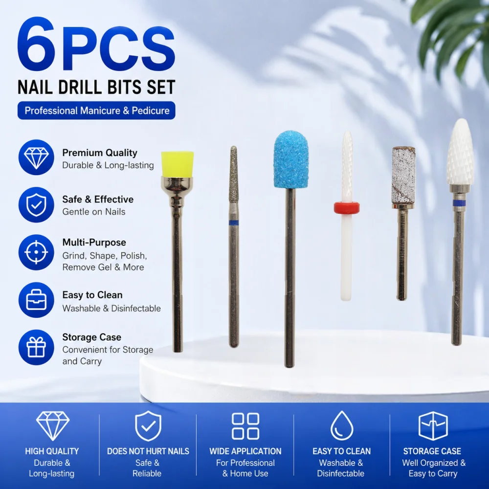6-teiliges Nagelbohrer-Set mit Schleifbändern, Keramik- und Diamant-Nagelbohrer, 2,35mm Schaft Maniküre E-File Werkzeugset