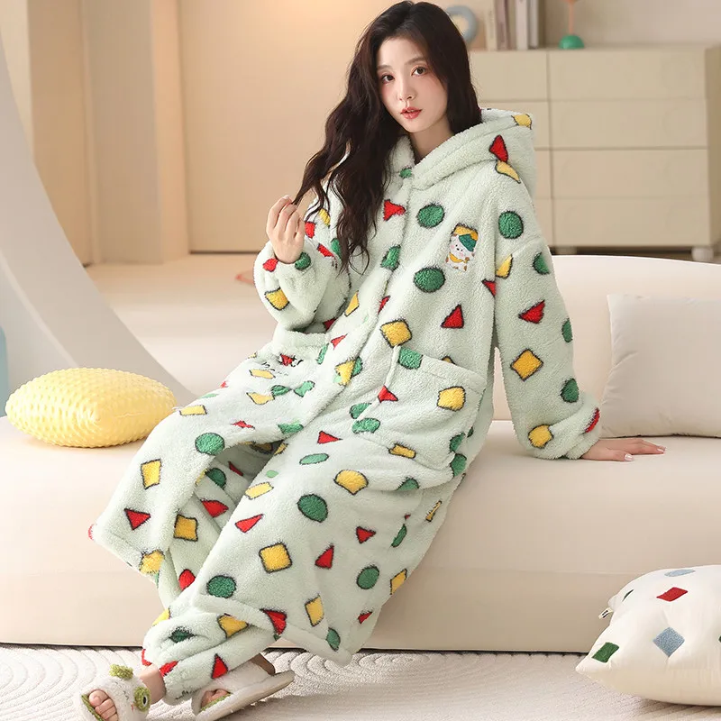 2026 Winter Plush Couple Pajamas Hooded Bathrobe Pant Sleepwear Thick Coral Fleece Cartoon Homewear Men Women Matching Nightwear