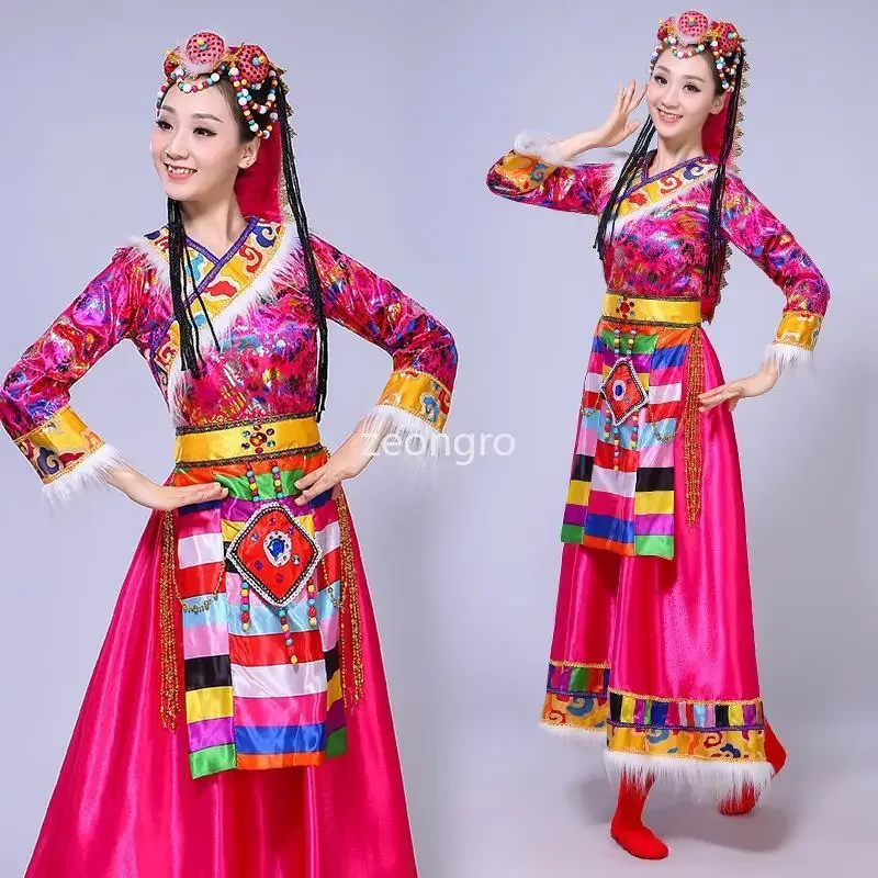 New Tibetan Dance Women Dress Ethnic Style Large Skirt Square Dance Performance Dress Adult Long Skirt Sleeve Dress Female