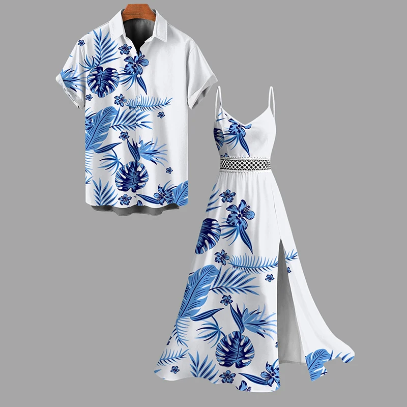 Couple Outfit Hawaiian Vacation Dress Tropical Flower Monstera Leaf Print Lace Hollow Out Slit Dress Two Piece Set