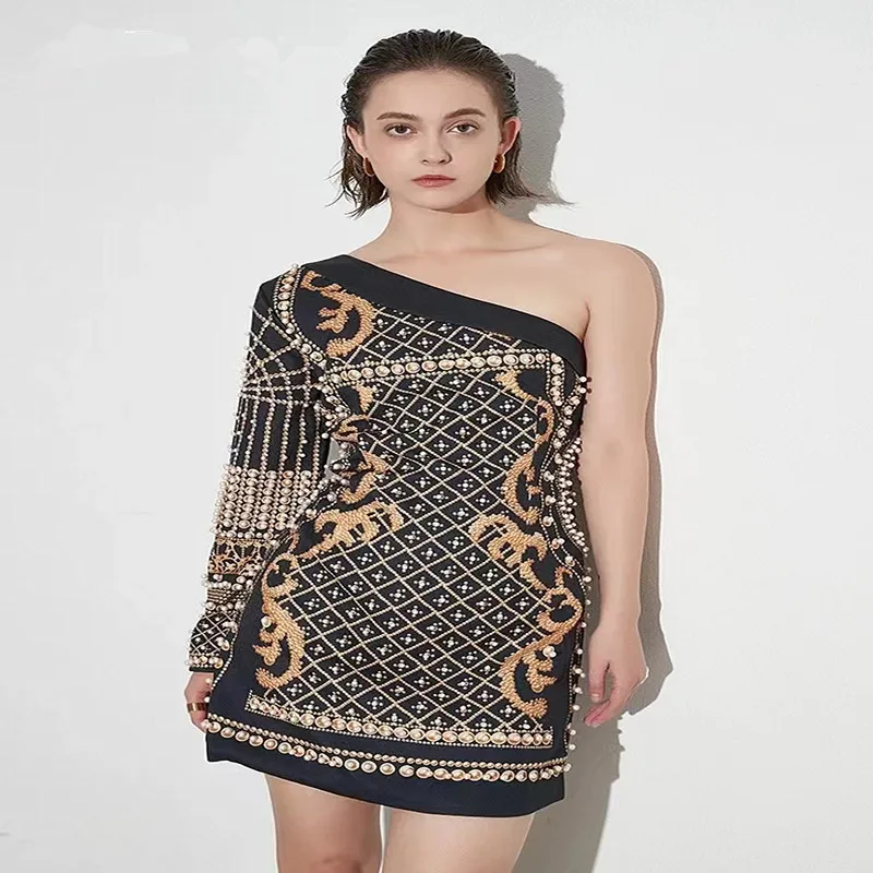 

New Totem Printed Nail Bead Single Shoulder Sexy Slant Neck Long Sleeve A-Line Short Dress