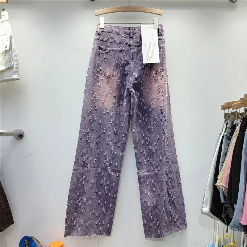 Casual Retro Distressed Purple Jeans for Women 2023 Spring New Personality Woman Loose Worn High Waist Wide Leg Jeans Mujer