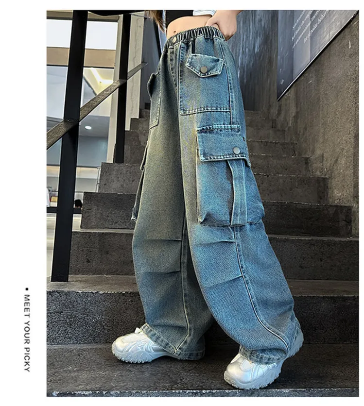 Mädchen Frühling Herbst Weitbein-Jeans 4-14 Jahre Kinder Teenager Elastische Hohe Taille Multi-Taschen Lose Lässige Streetwear-Hosen – Detail 21