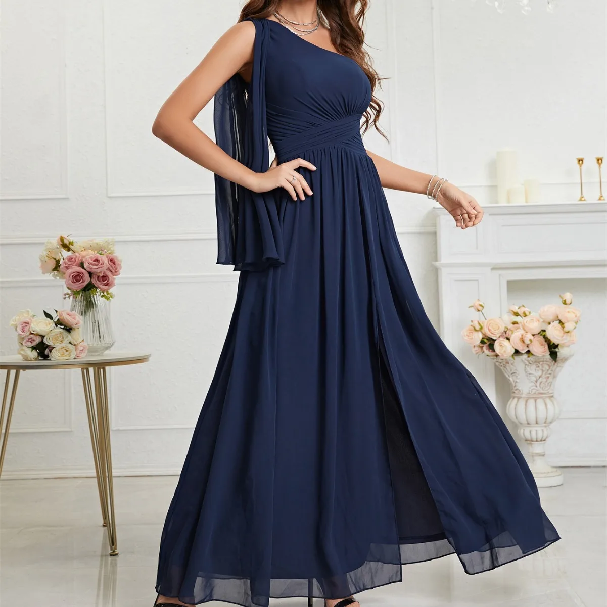 ชุดราตรีคอไม่สมมาตร ดีไซน์ใหม่ล่าสุด ฤดูร้อน สินค้าขายดีข้ามพรมแดน ผ้าชีฟองสำหรับผู้หญิง เอวต่ำ ผ้าไหม