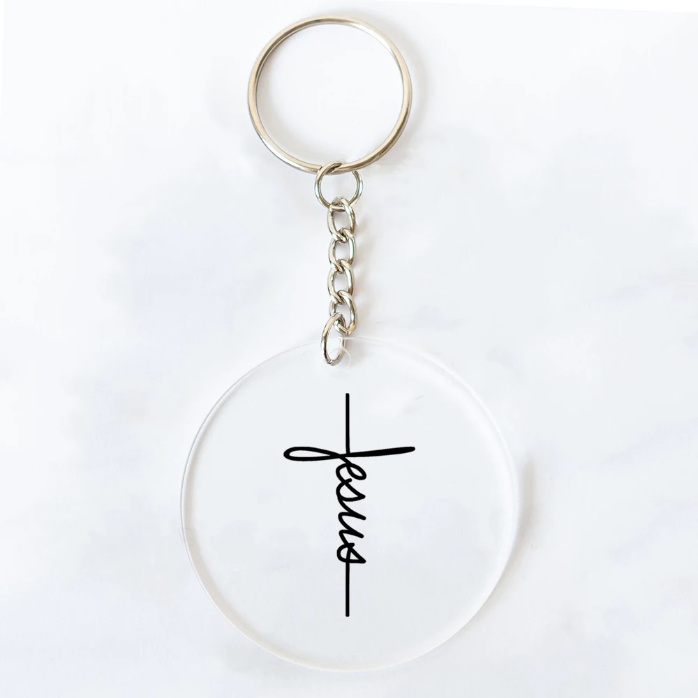 Jesus Faith God Print Keychain Transparent Circle Keyring Monogram Acrylic Keychain  Christian Key Ring Simple Fashion Key Chain