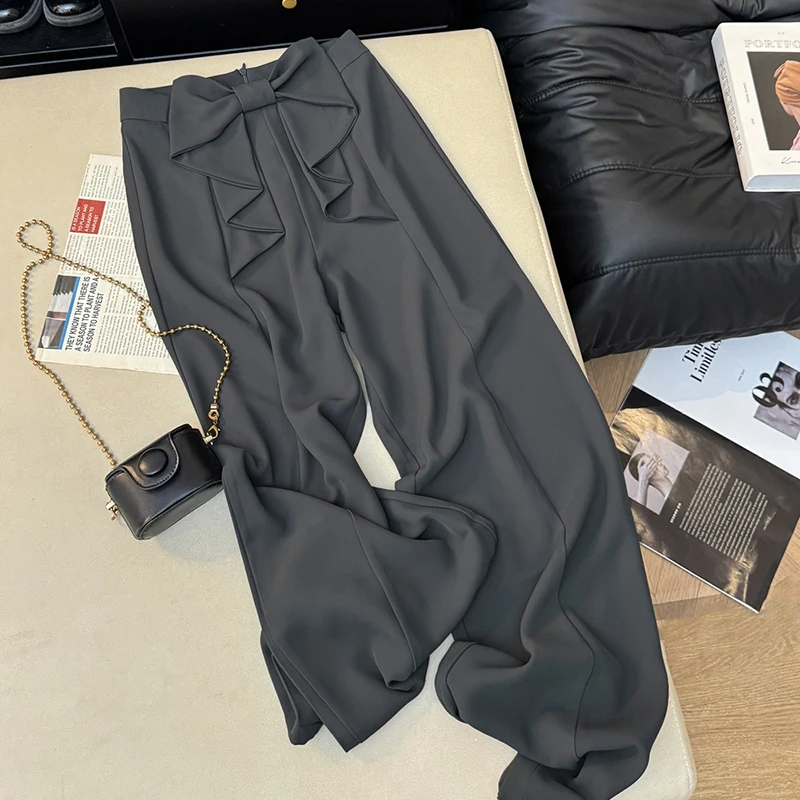 Pantaloni a gamba larga neri streetwear Pantaloni da abito larghi con fiocco alla moda da donna Pantaloni dritti casual coreani a vita alta da donna estivi Novità