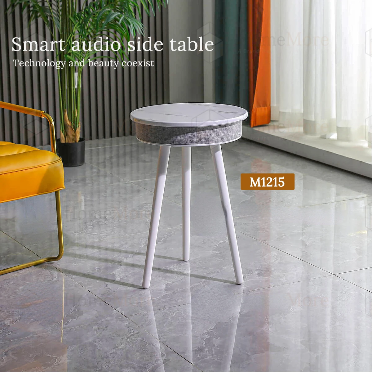 Hot sale living room smart furniture round wood smart side table coffee table with speaker and wireless charger