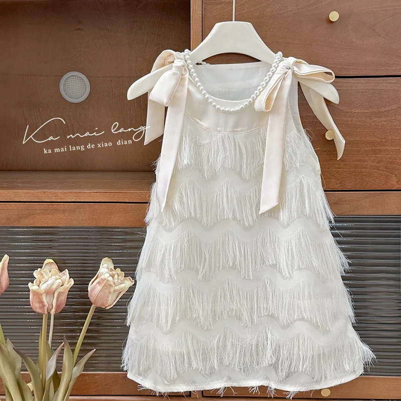 Girls Casual Dresses Fringe Bow Princess Dress Sleeveless Halter Dress for Kids White Princess Dress for Girls 2 To 7 Years