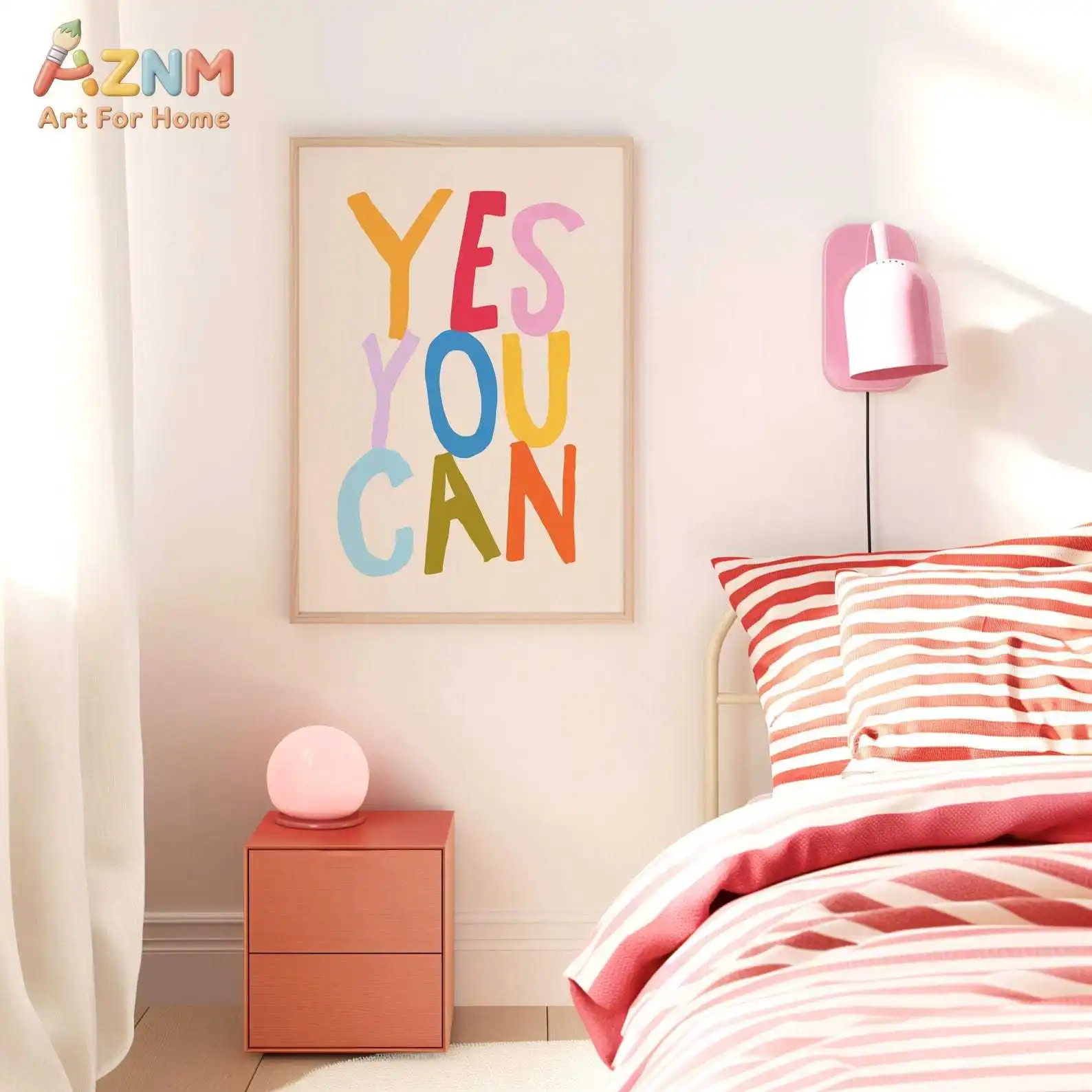 AZNM Yes You Can Motivational Canvas Print Colorful Hand Drawn Lettering Minimalist Positive Quote Wall Poster Unframed Office B