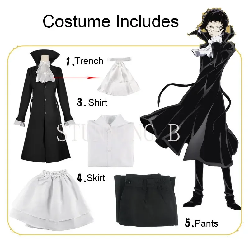 Traje de Cosplay de Anime Bungo Stray Dogs Ryunosuke Akutagawa, Trench y uniforme, disfraz de fiesta de Halloween, peluca Ryuunosuke, sombreros