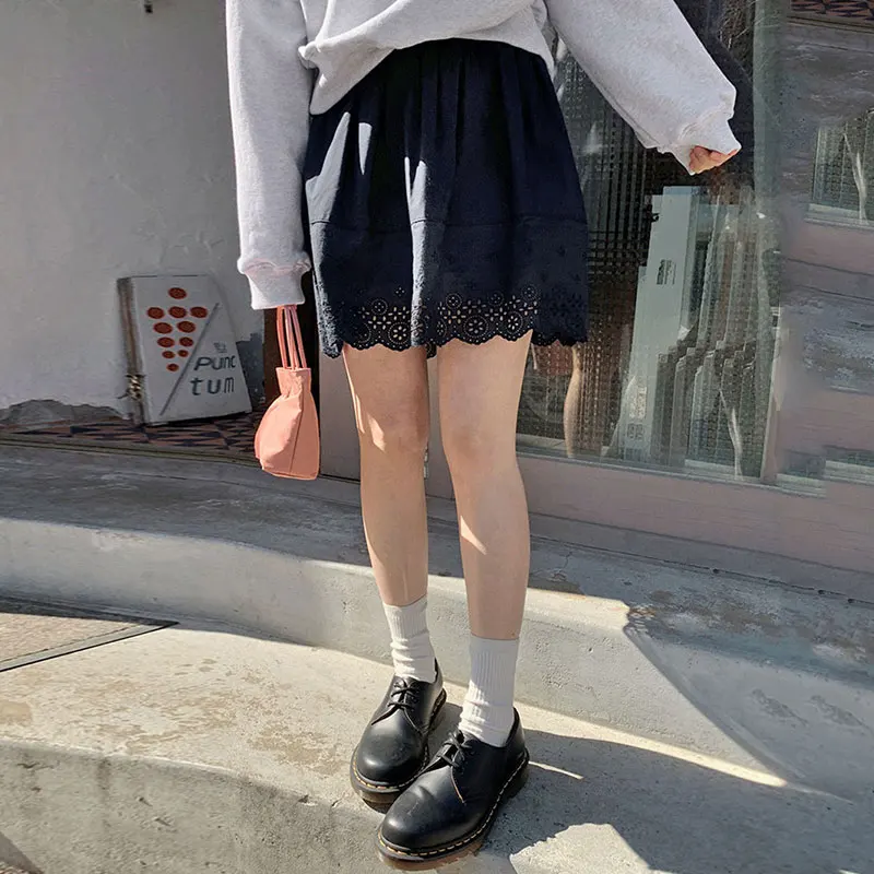 Chic High Waist Lace Hollow out A-Line  Skirt ort Skirt Sweet Youthful Slimming Splice Spring Season Women's Faion