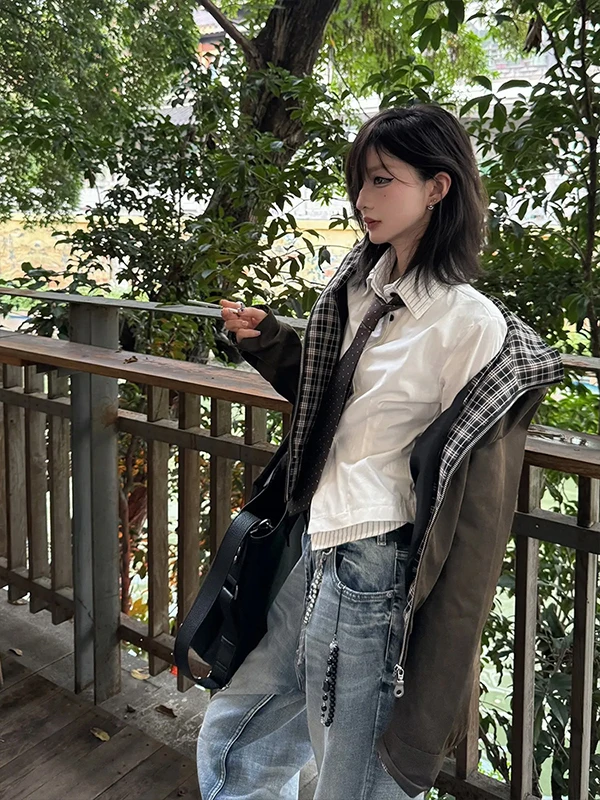 

Retro American Cleanfit Brown Harington Jaet Men's Autumn Plaid Collar Splicing ort Workwear Coat Teenage Casual Polyeste...