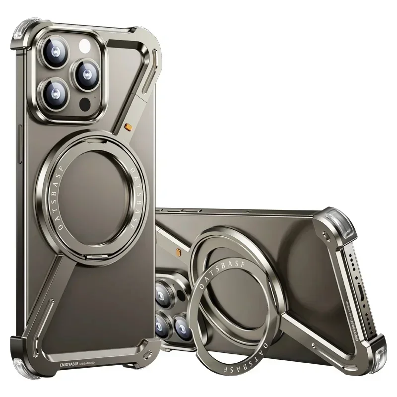 Z Shape Titanium Rimless Magnetic Metal Case For iPhone 16 15 14 Plus 13 Pro MAX Luxury Aluminum Alloy Bumper Ring Stand Cover