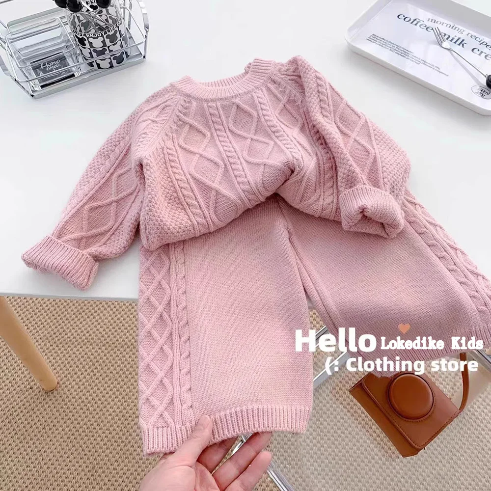 Girls Sweater Clothes Sets Autumn Winter Korean Style Solid Knit Pullover Sweaters Tops+Loose Pants 2Pcs Children Clothing Suit