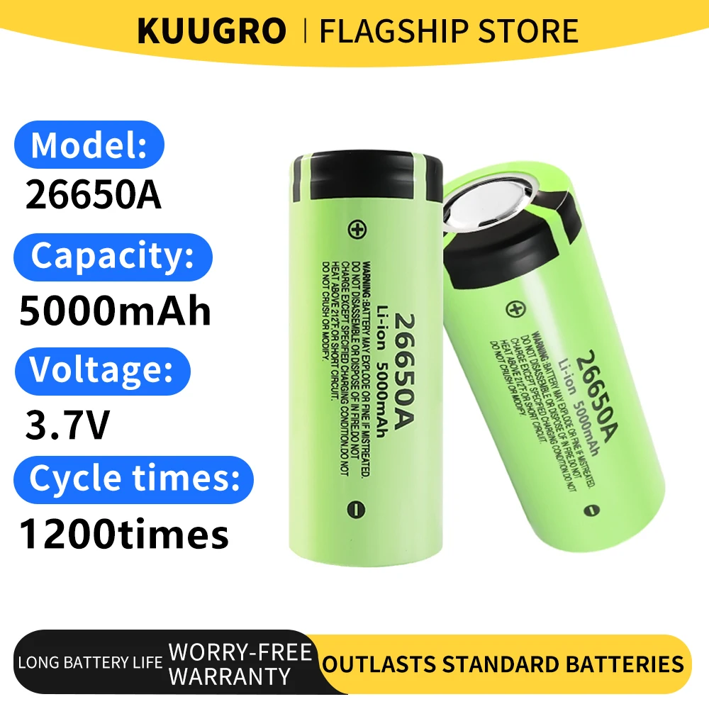 

Kuugro Original high quality 26650 battery 5000mAh 3.7V 50A lithium ion rechargeable battery for 26650A LED flashlight+charger
