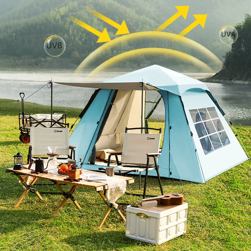 Outdoor 3-5 Person Camping Canopy Integrated Tent 2-in-1 Fully Automatic Pop-up Waterproof Portable Camping Tent