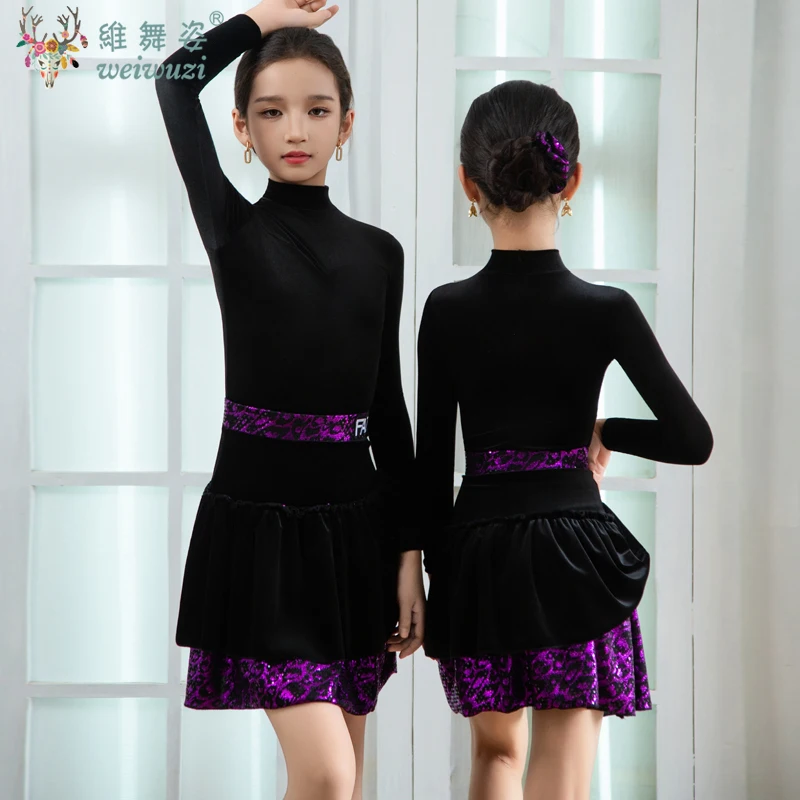Crianças veludo vestidos latinos ginástica dancewear competição dança traje cha cha vestido de dança prática roupas topos saia