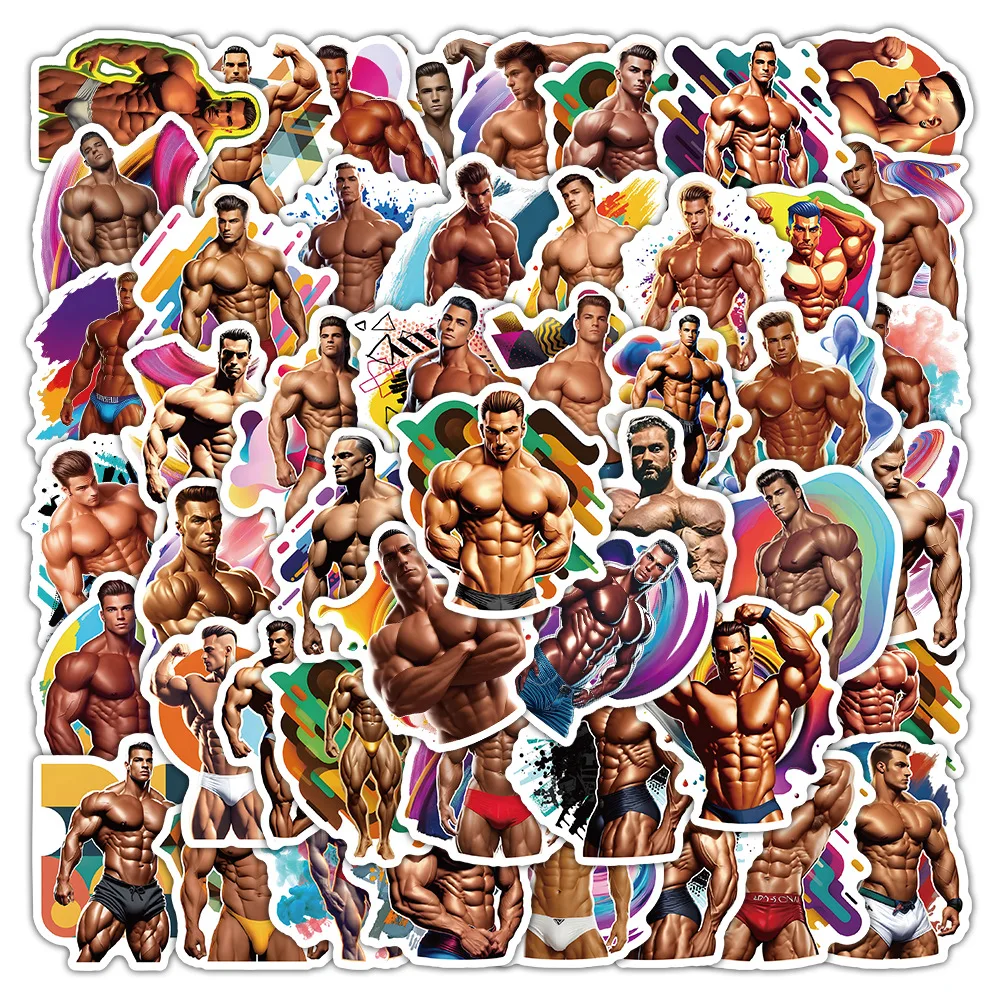 54Pcs Bodybuilding Graffiti Sticker Cartoon Muscle Handsome Character Personality Decoration Mobile Phone Car Waterproof Sticker
