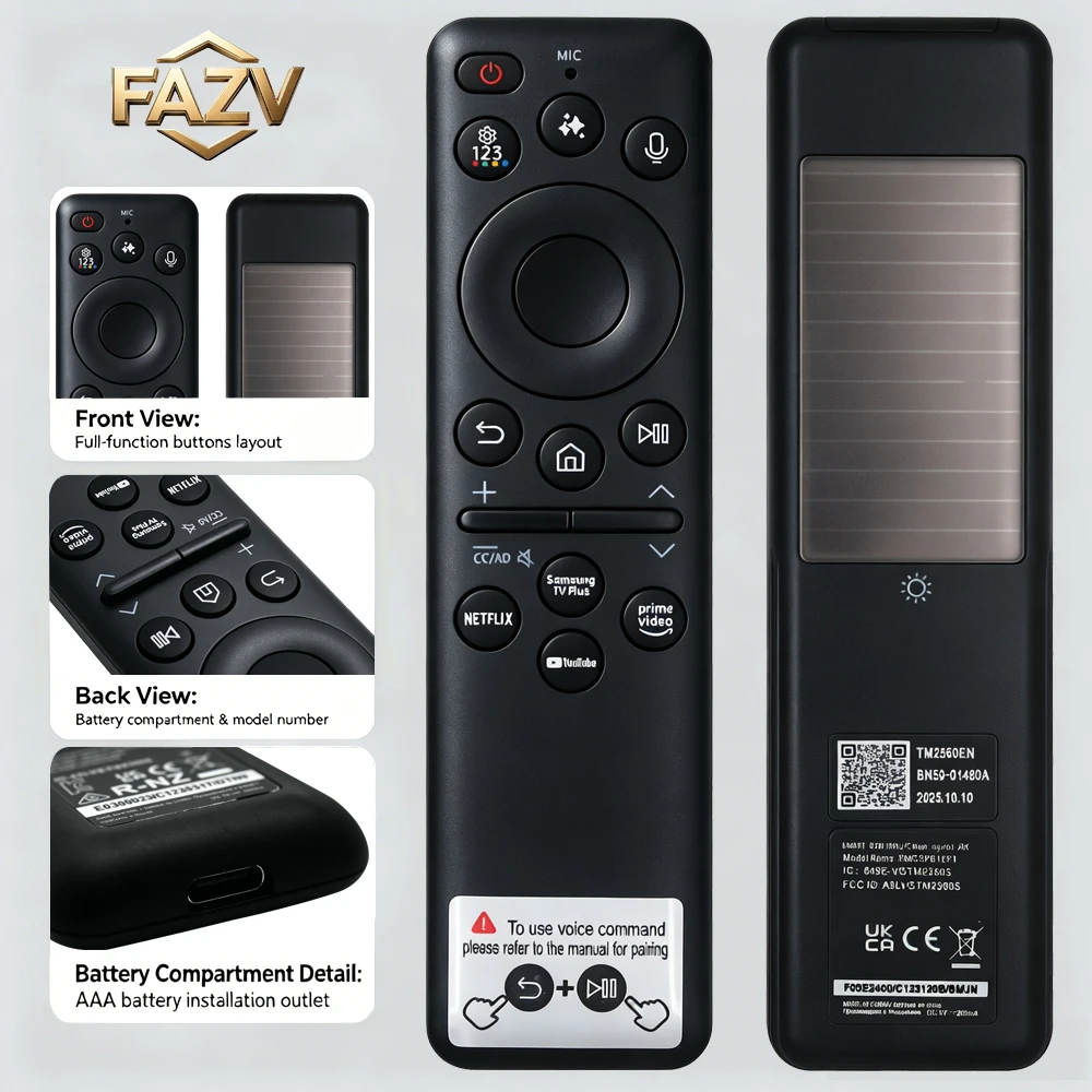 FAZV Solar Remote for Samsung BN59-01480A 2025 Neo QLED/OLED QN42S90F QN65/75/85QN900F QN98QN990F QN85QN80F QN55S90F Smart TV