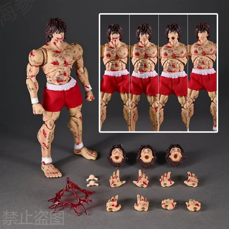 Figura de acción de Baki Hanma con efectos de batalla, articulaciones móviles, cabezas e manos intercambiables, en caja, modelo de anime en stock para coleccionistas.