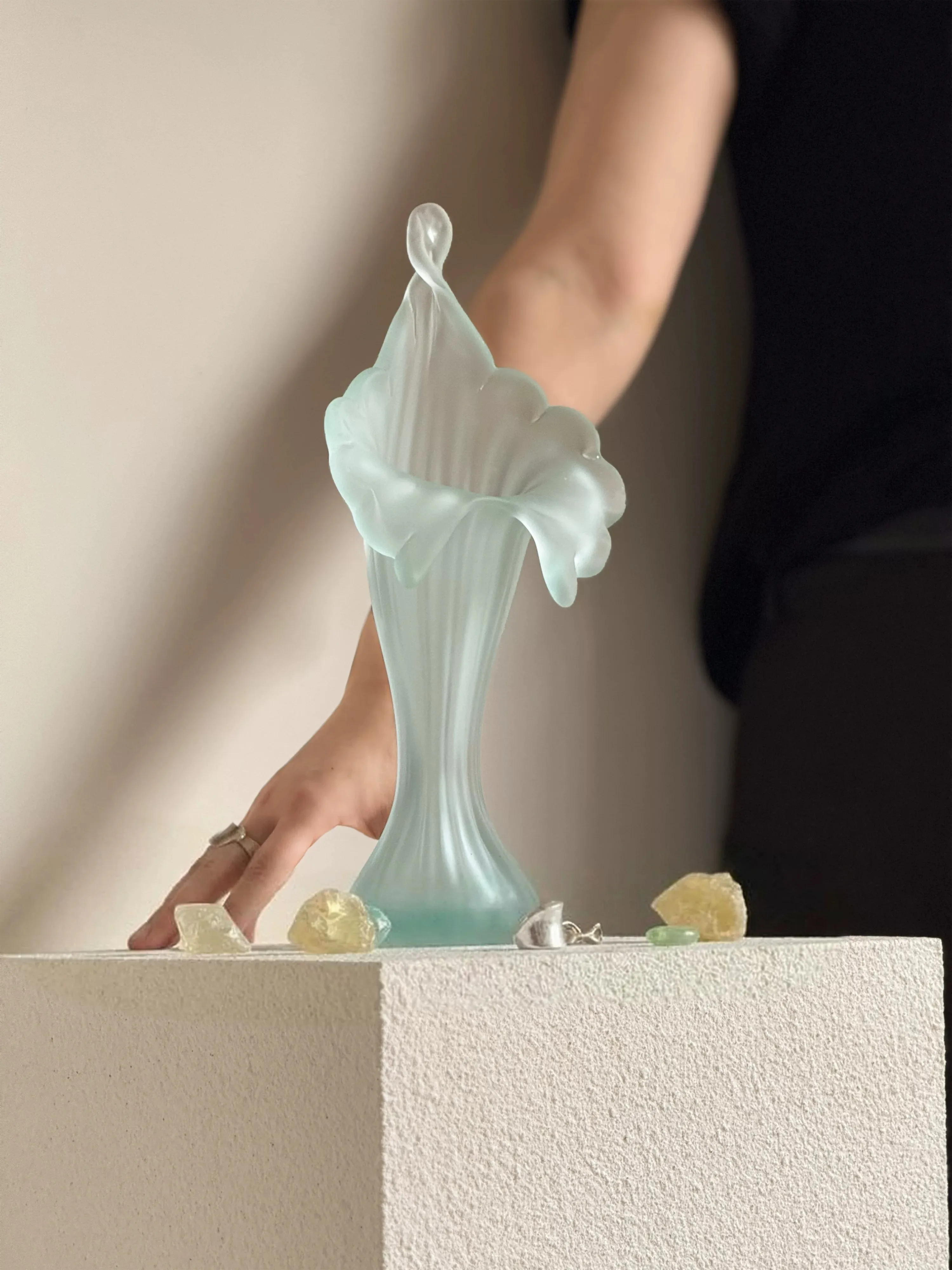Art Nouveau Mid-Century Unique Floral Decor Ornament, Frosted Glass Vase for Living Room Soft Furnishing