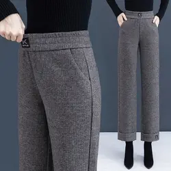 Simplicity Fashion Autumn Winter Woolen Pants Women Solid Pockets High Waist Plus Velvet Straight Wide Leg Ankle Length Trousers