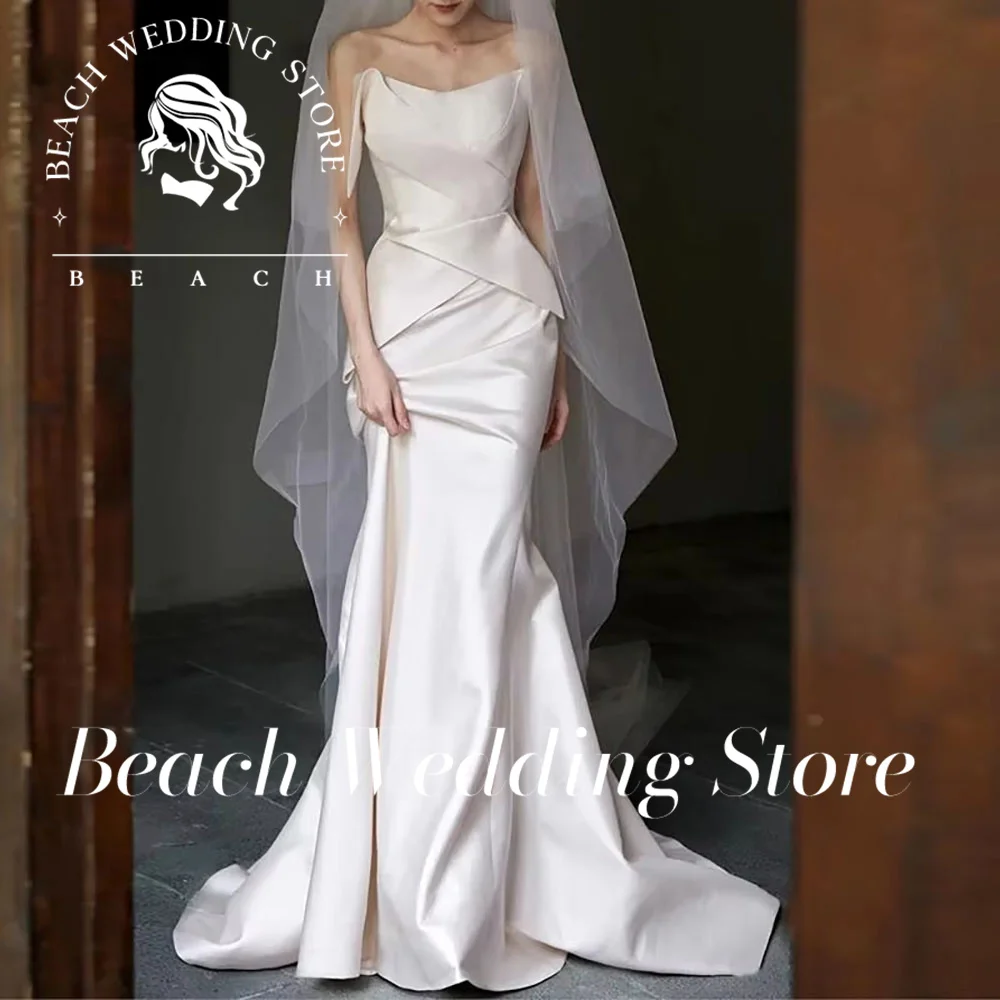 

Beach Mermaid Strapless Elegant Sleeveless Simple Floor Length Satin Backless Bridal Gowns 2025 Vestidos De Novia Customized