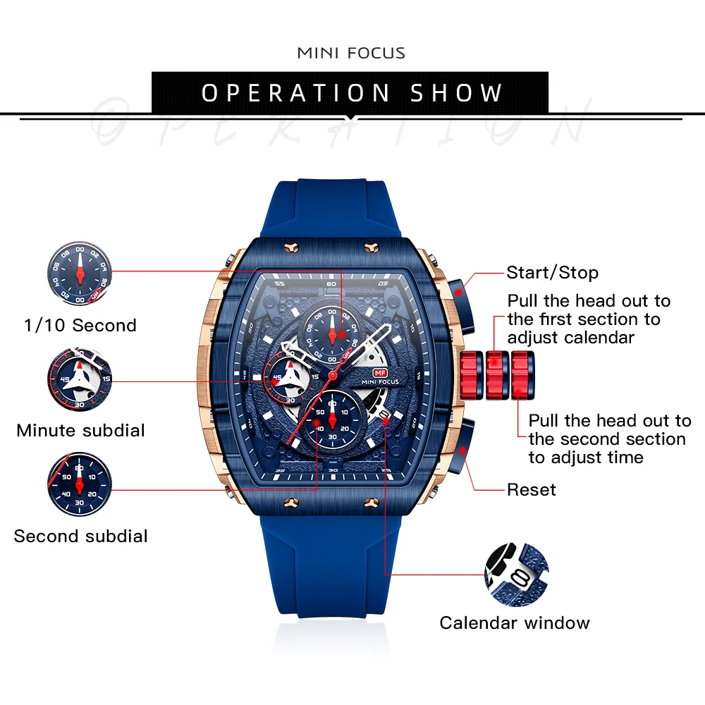MINI FOCUS Sports Multifunctional Quartz Watch for Men Calendar Chronograph Waterproof Silicone Strap Fashion Mens Watches 2024